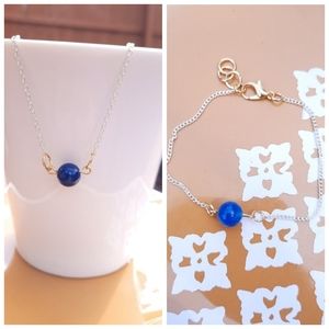 Blue Agate Stone Two Tone Bracelet & Necklace Bundle